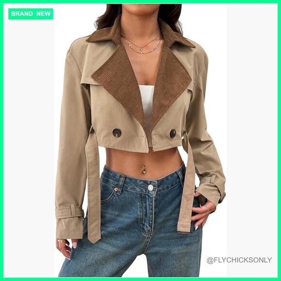 Jackets & Blazers - Polyester Double Breasted Cropped Trench Coat Belted Lapel Collar Jacket